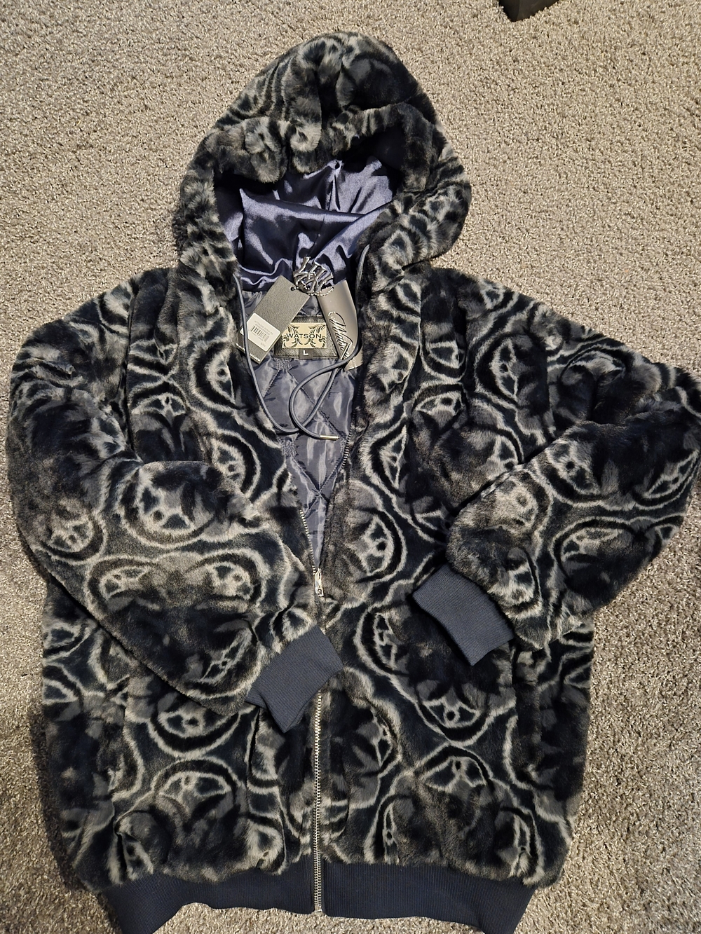 Men's Faux Fur Hooded Puffer Jacket in Charcoal Pattern